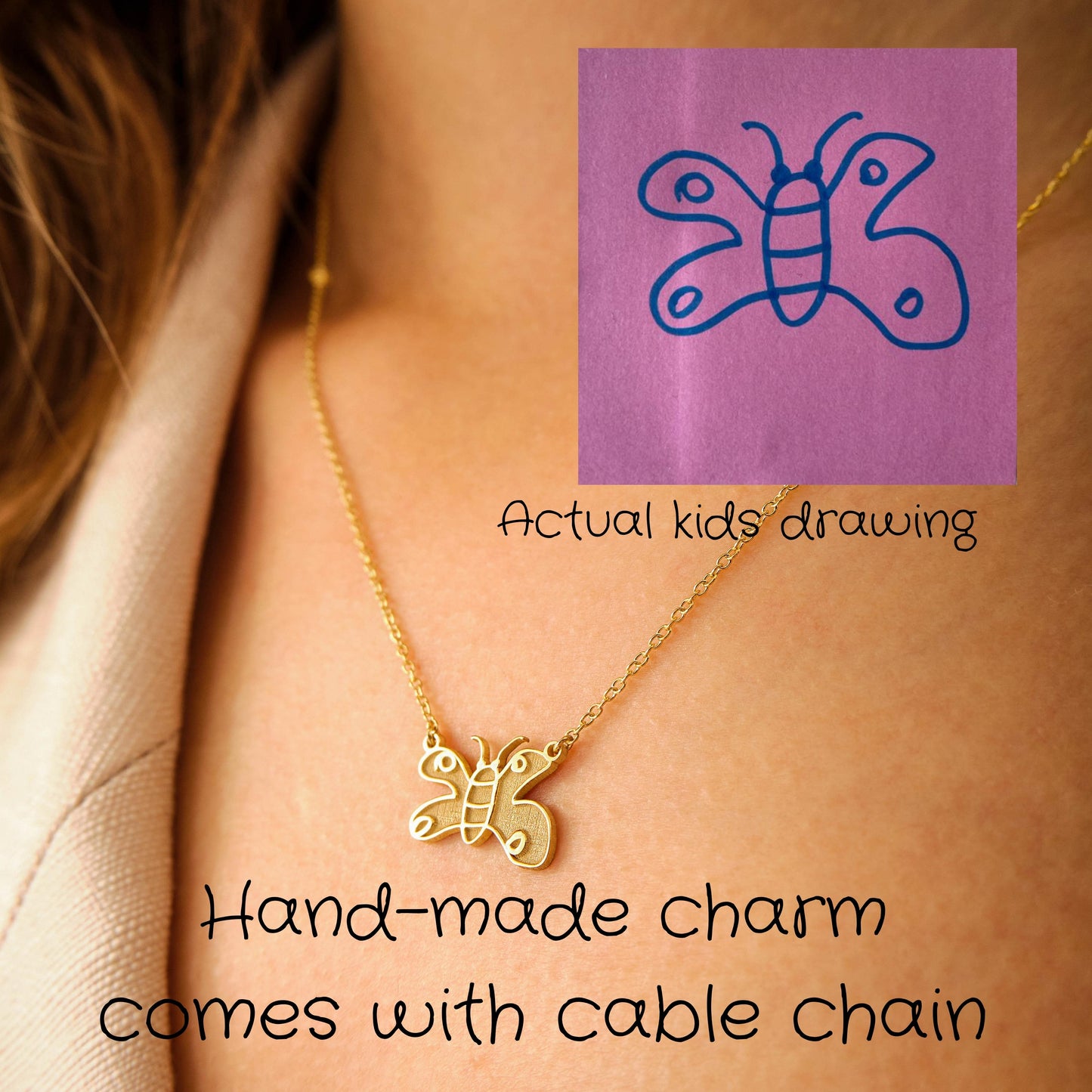 Actual Kids Drawing Necklace and Handwritten Gold Necklace