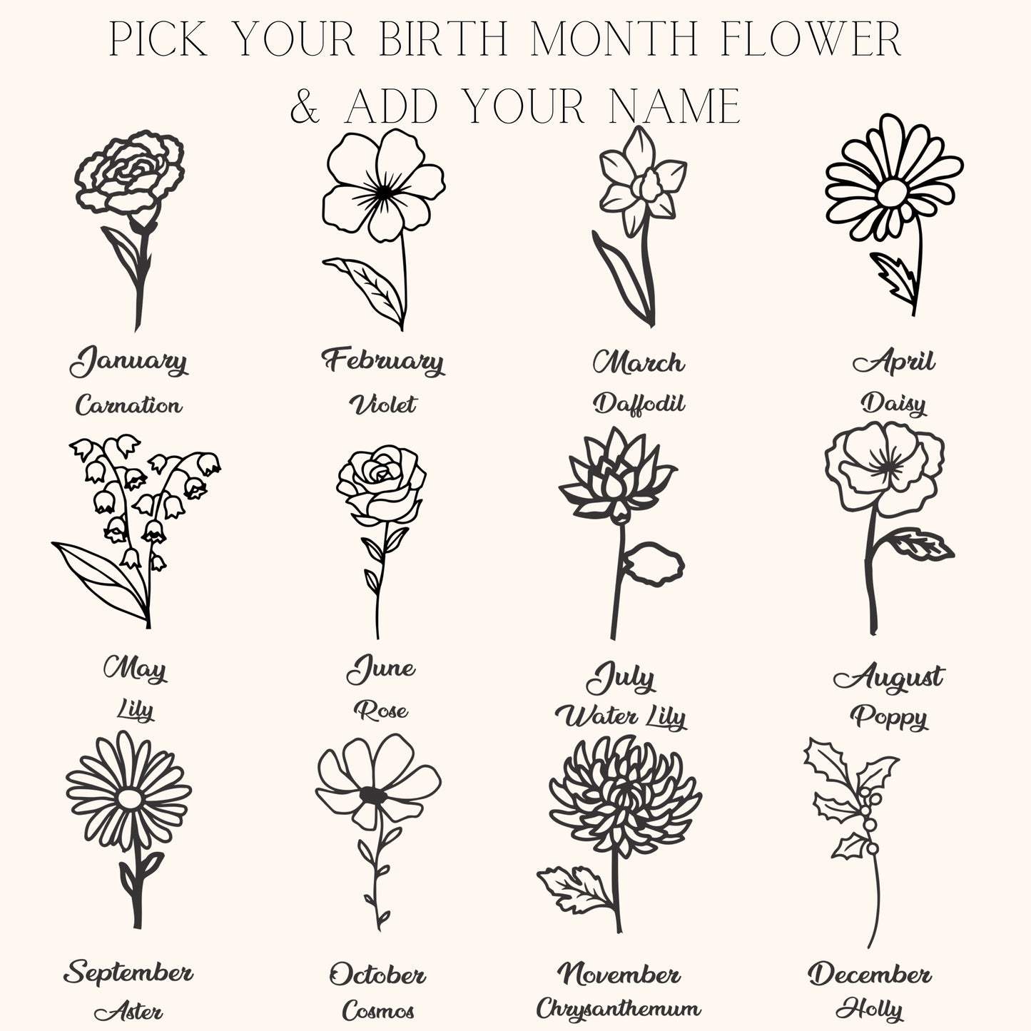 14K Solid Gold Name Birth Flower Necklace