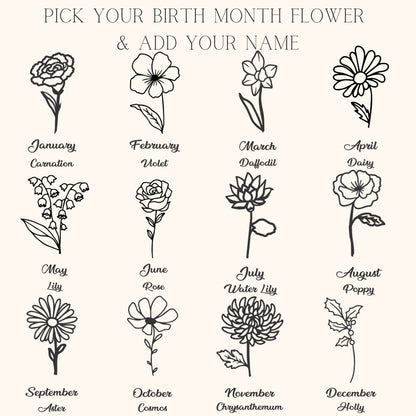 14K Solid Gold Name Birth Flower Necklace