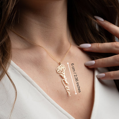 14K Solid Gold Name Birth Flower Necklace
