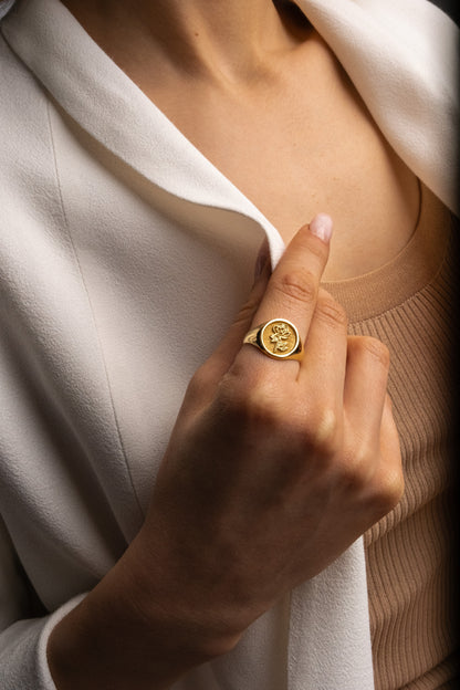 Custom Gold Signet Ring with Birth Flower