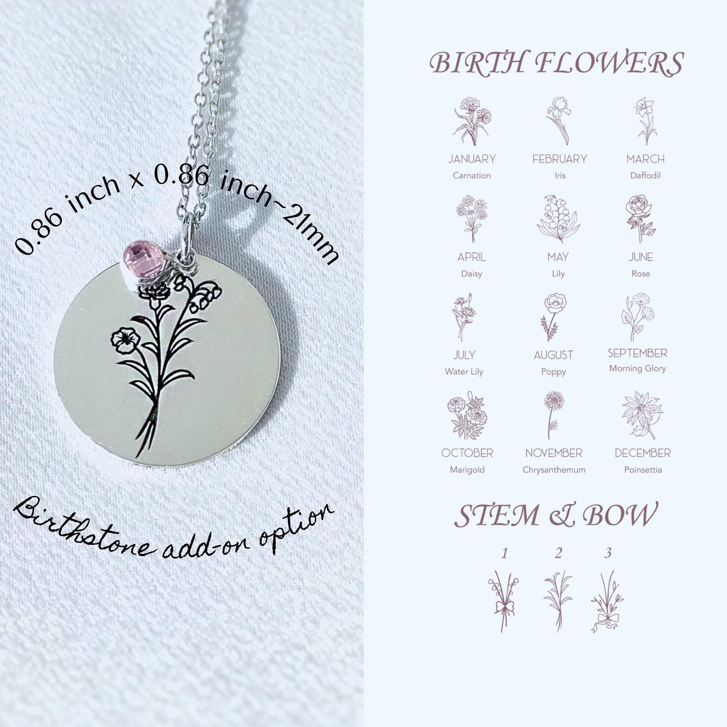 Birth Flower Name Necklace Mothers Day Gift
