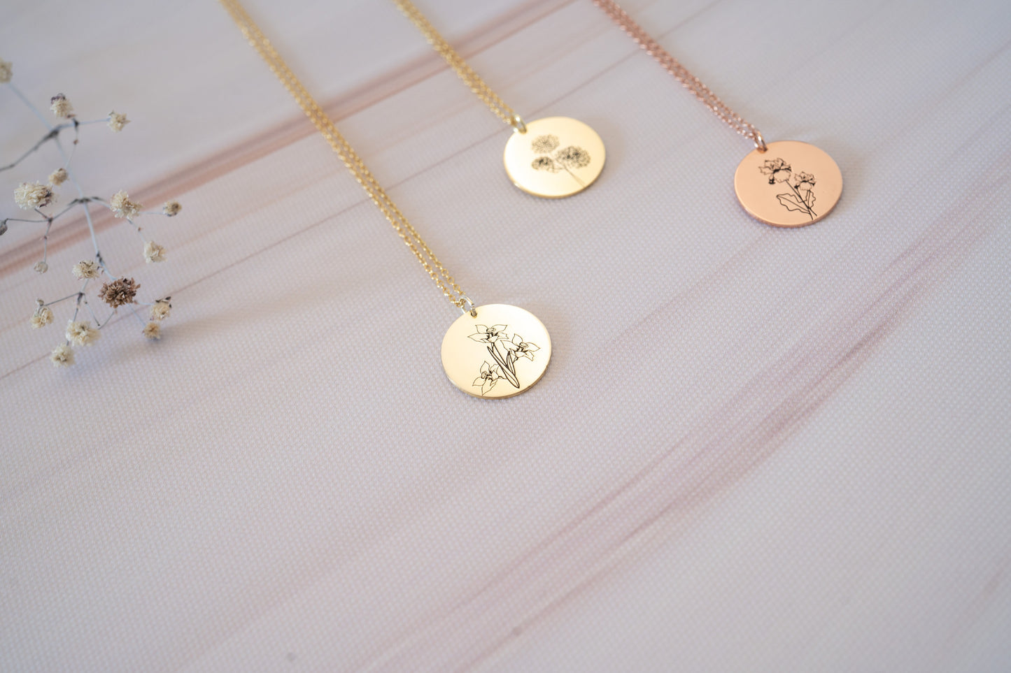 Personalized Birthflower Necklace and Engraved August Lily Flower