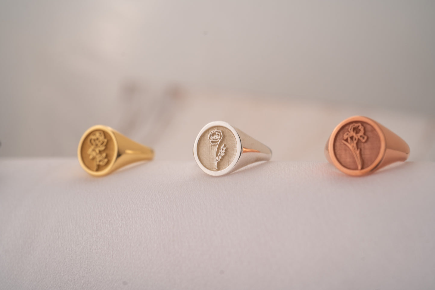 Custom Gold Signet Ring with Birth Flower