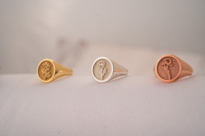 Custom Gold Signet Ring with Birth Flower