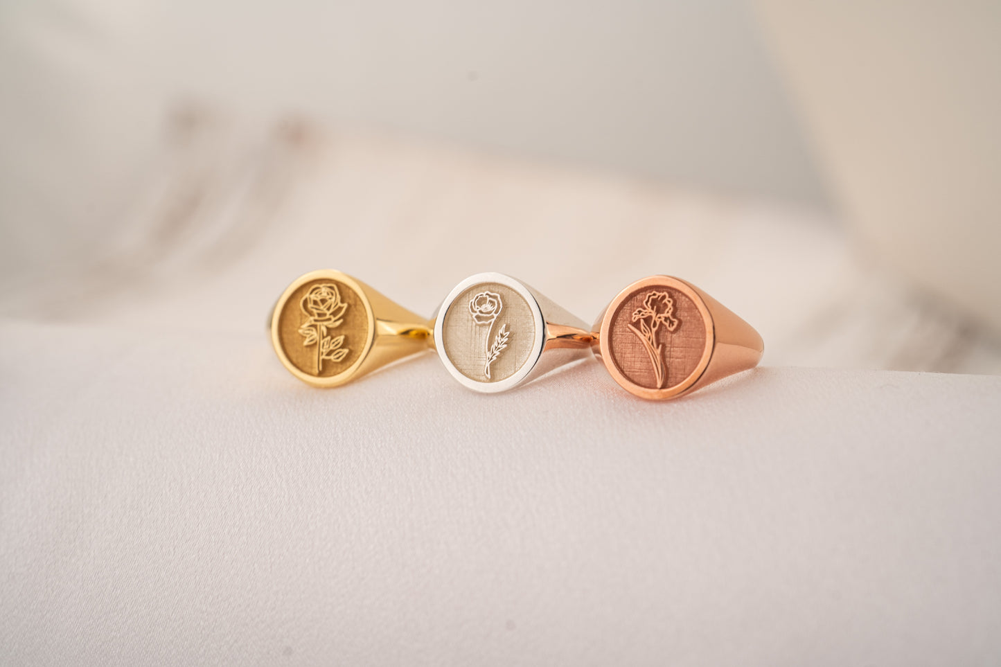 Custom Gold Signet Ring with Birth Flower