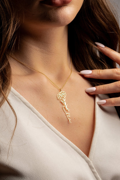 14K Solid Gold Name Birth Flower Necklace