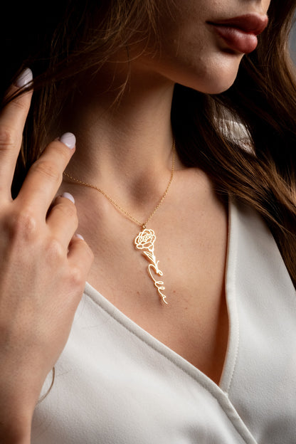 14K Solid Gold Name Birth Flower Necklace