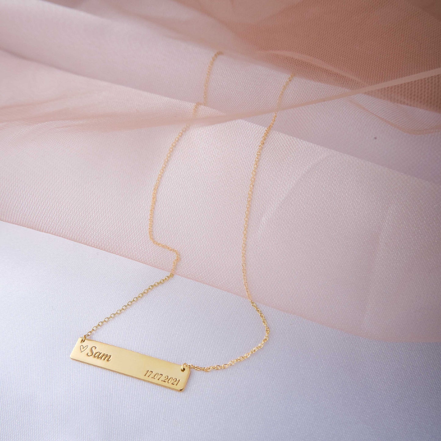Custom Engraved Bar Necklace and Dainty Thin Gold