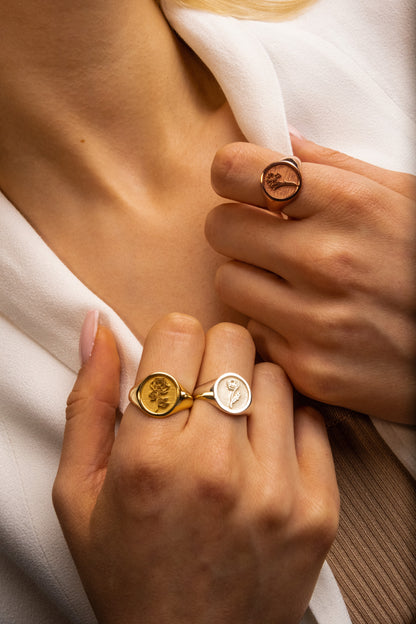 Custom Gold Signet Ring with Birth Flower