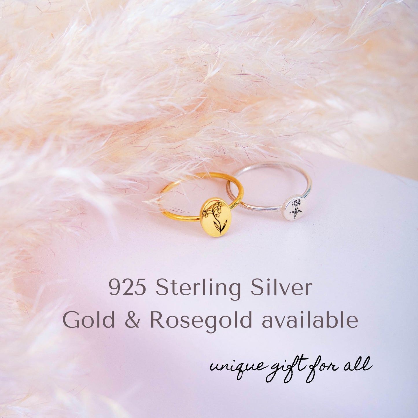 Personalized Birth Flower Ring Signet Jewelry