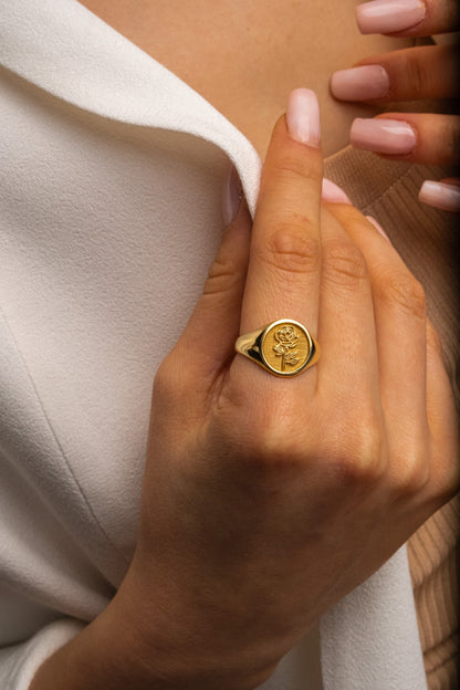 Custom Gold Signet Ring with Birth Flower