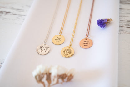 Birth Month Flower Engraved Necklace