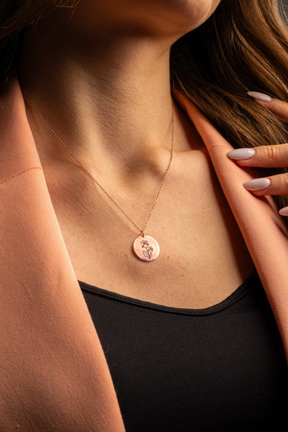 Personalized Birthflower Necklace and Engraved August Lily Flower