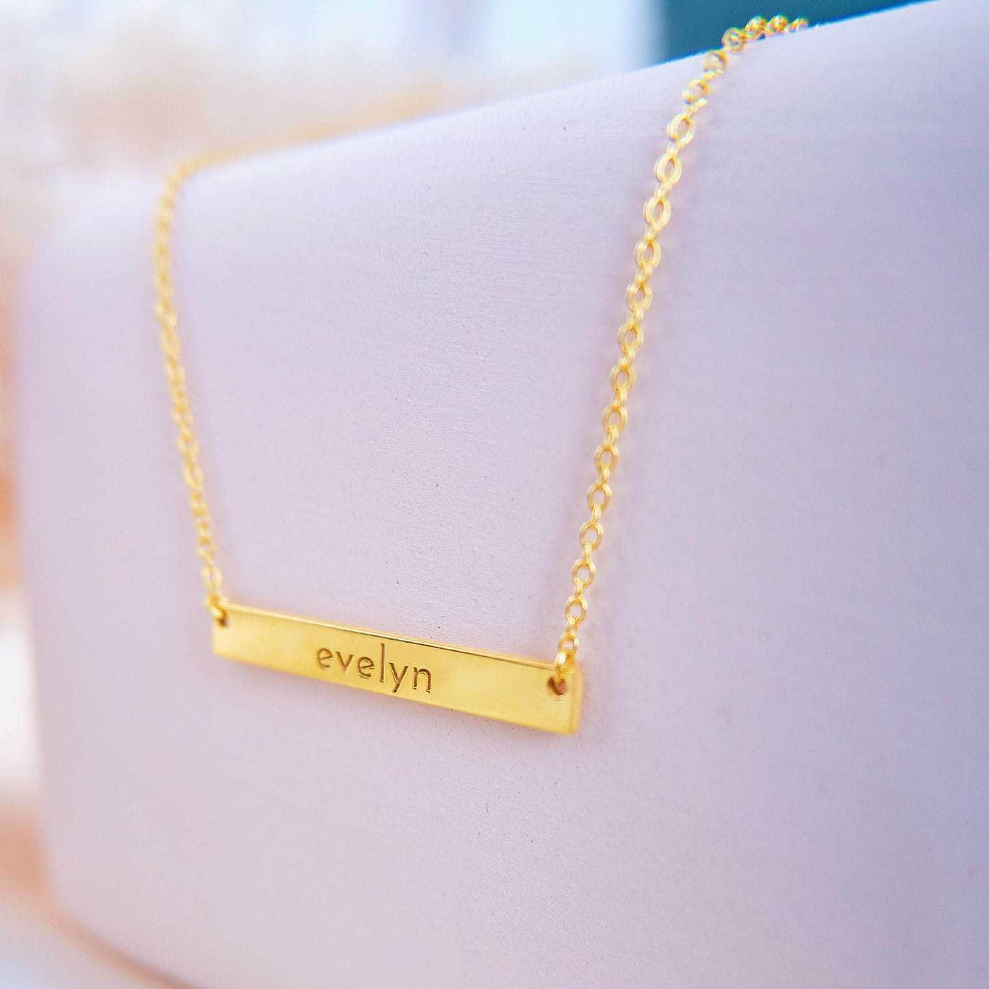 14K Solid Gold Bar Necklace Custom Name Plate