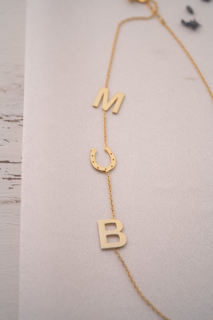 14k Gold Sideways Initial Necklace with Two Letters