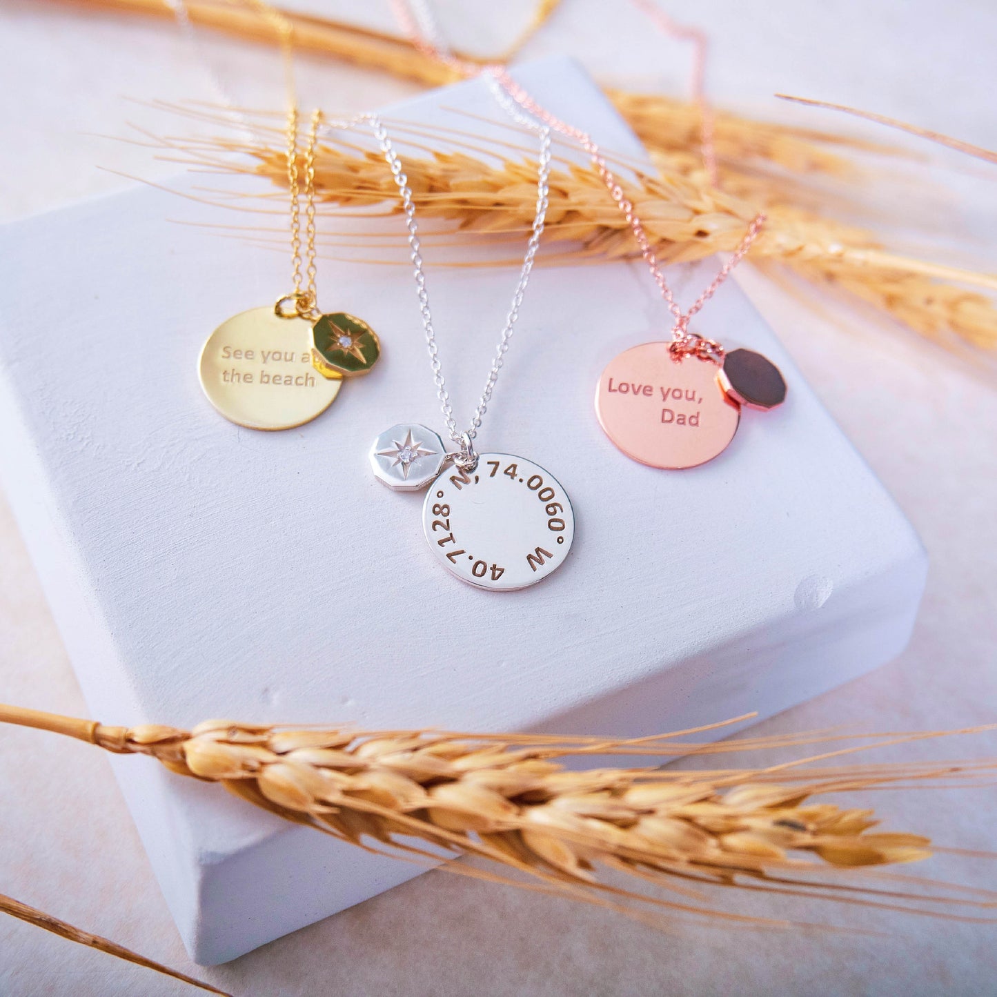 Compass Necklace with Custom Coordinates Gold Number Necklace