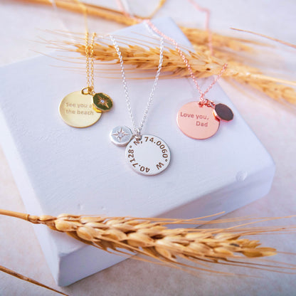 Compass Necklace with Custom Coordinates Gold Number Necklace