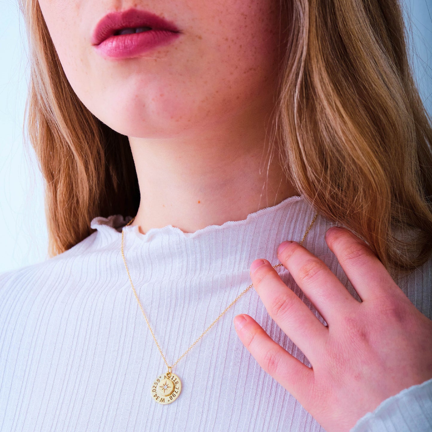Compass Necklace with Custom Coordinates Gold Number Necklace