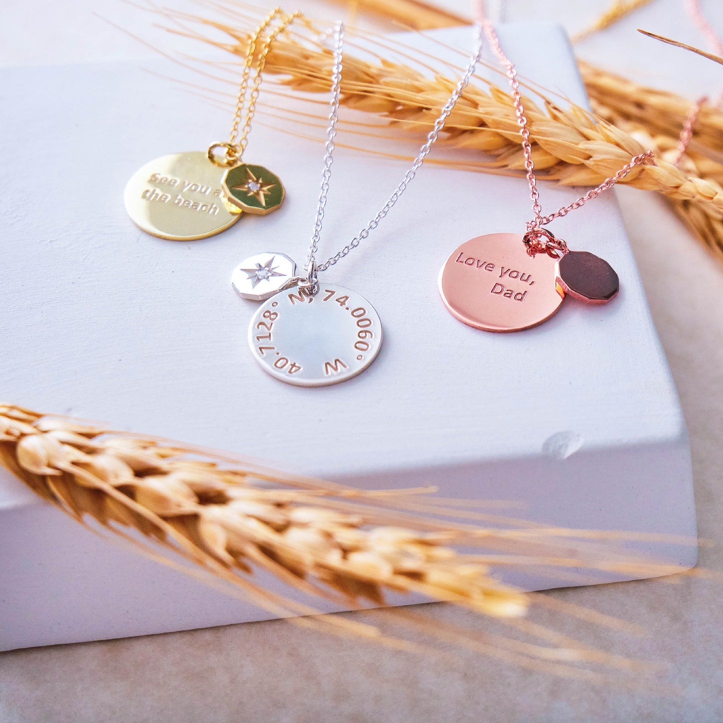 Compass Necklace with Custom Coordinates Gold Number Necklace