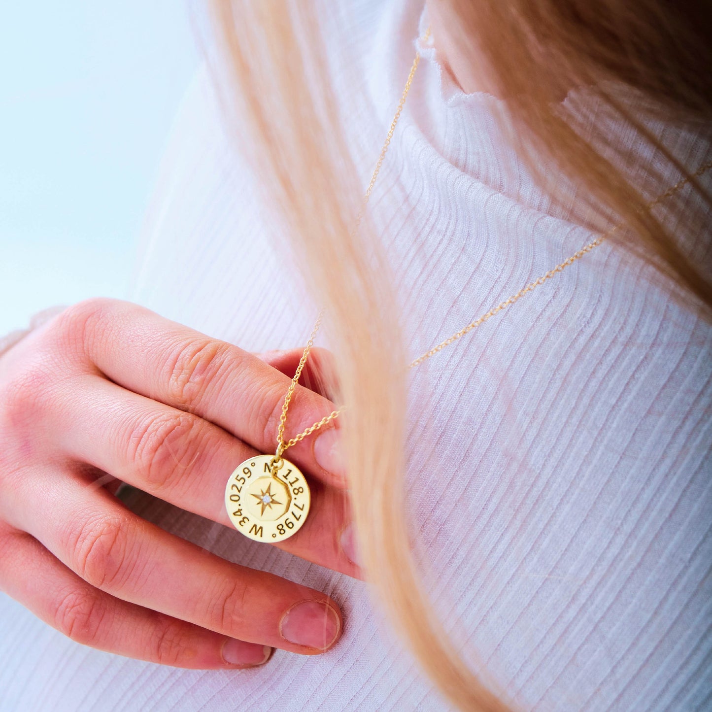 Compass Necklace with Custom Coordinates Gold Number Necklace