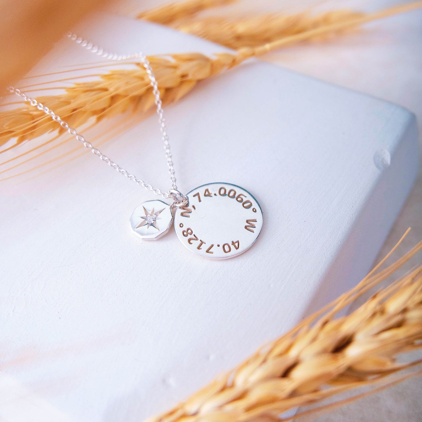 Compass Necklace with Custom Coordinates Gold Number Necklace
