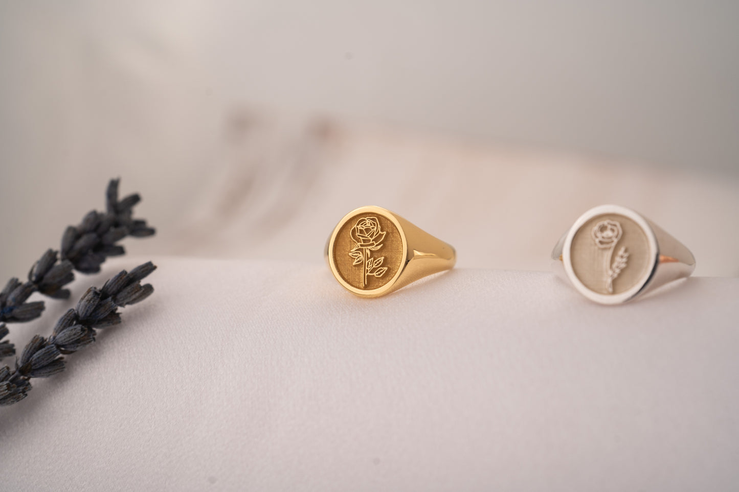 Custom Gold Signet Ring with Birth Flower