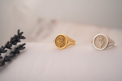 Custom Gold Signet Ring with Birth Flower