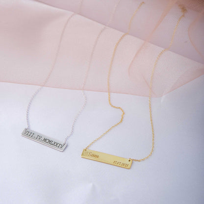 Custom Engraved Bar Necklace and Dainty Thin Gold