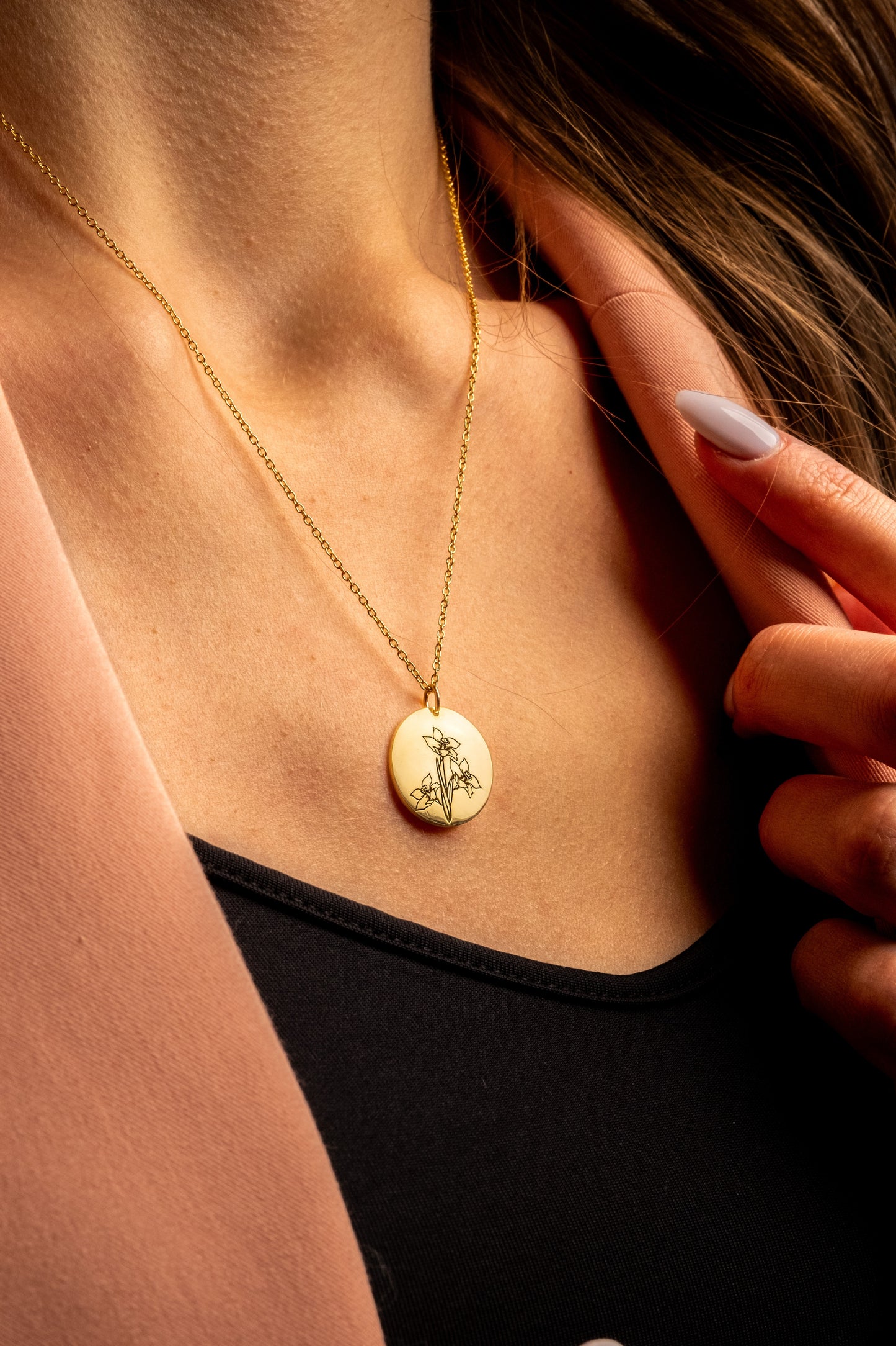 Personalized Birthflower Necklace and Engraved August Lily Flower