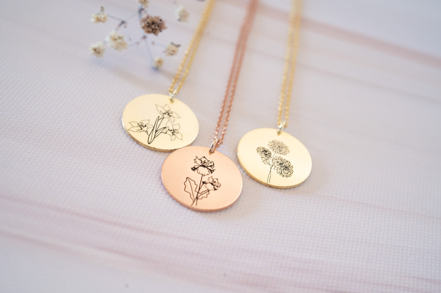 Personalized Birthflower Necklace and Engraved August Lily Flower