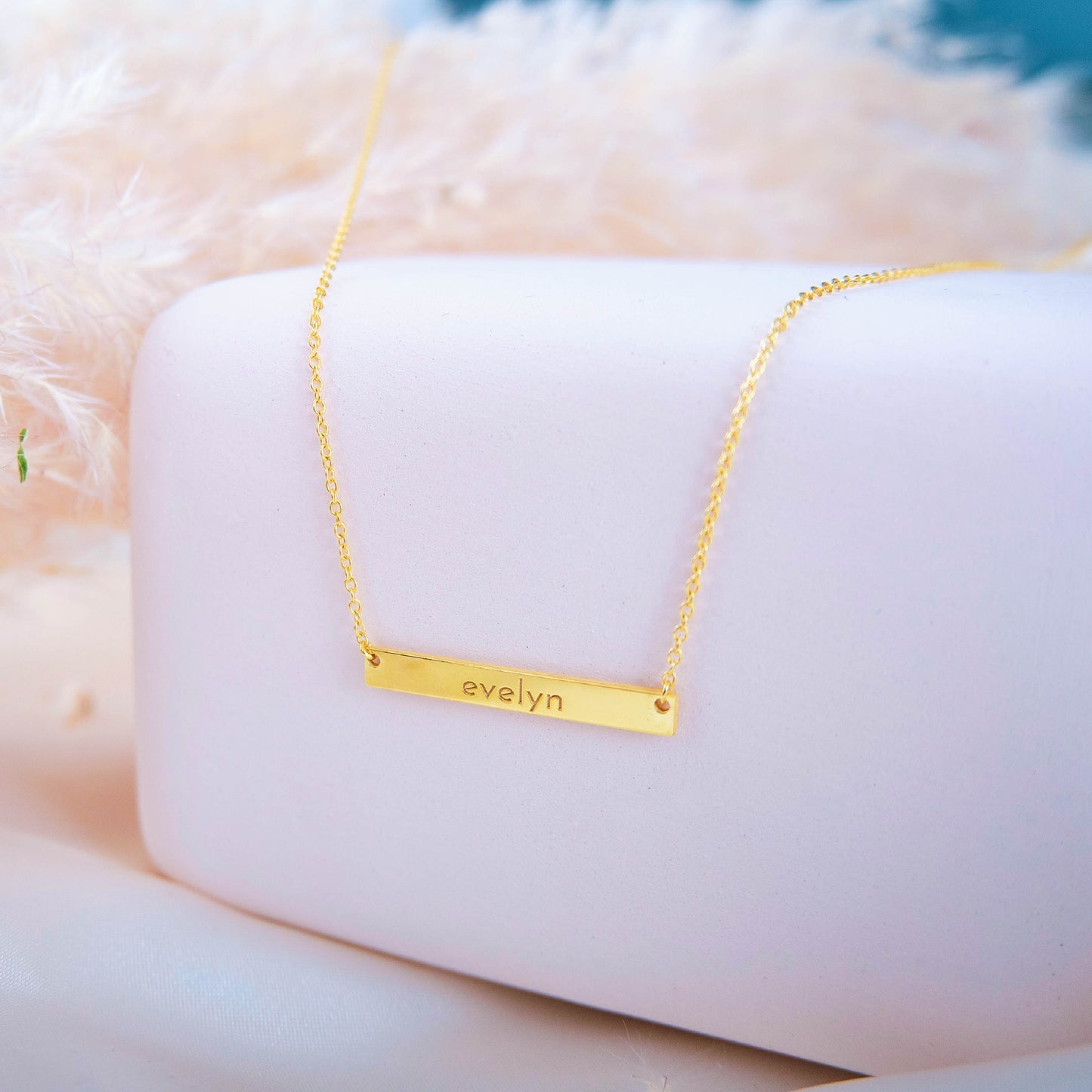 14K Solid Gold Bar Necklace Custom Name Plate