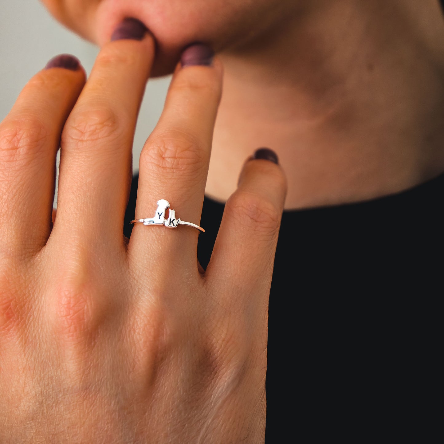 Cat and Dog Dainty Initial Ring Pet Memorial