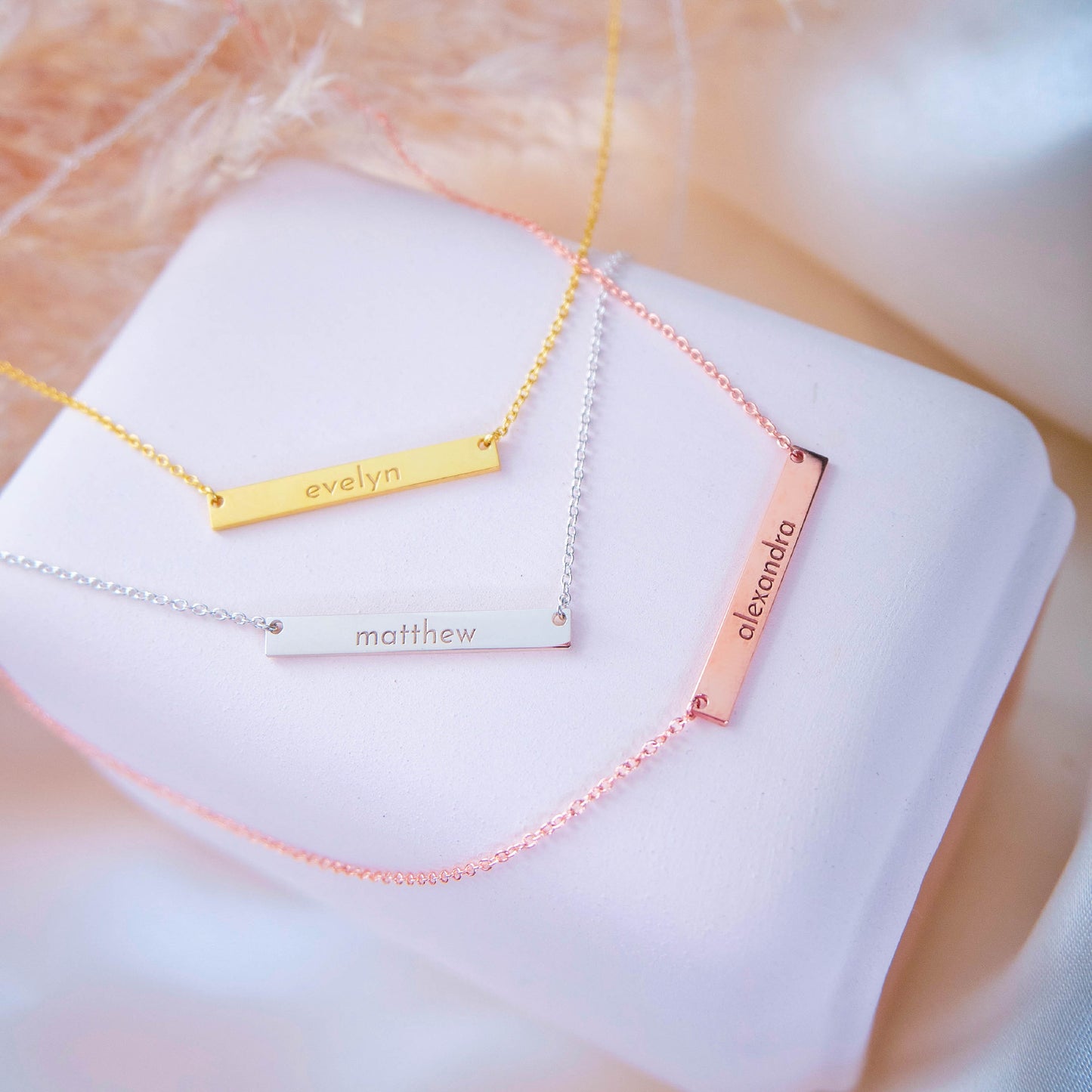 14K Solid Gold Bar Necklace Custom Name Plate