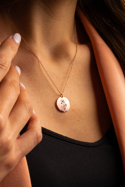 Personalized Birthflower Necklace and Engraved August Lily Flower