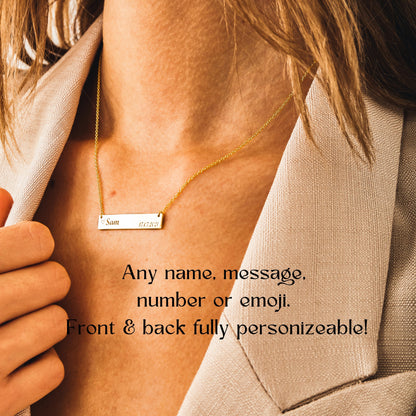 Custom Engraved Bar Necklace and Dainty Thin Gold